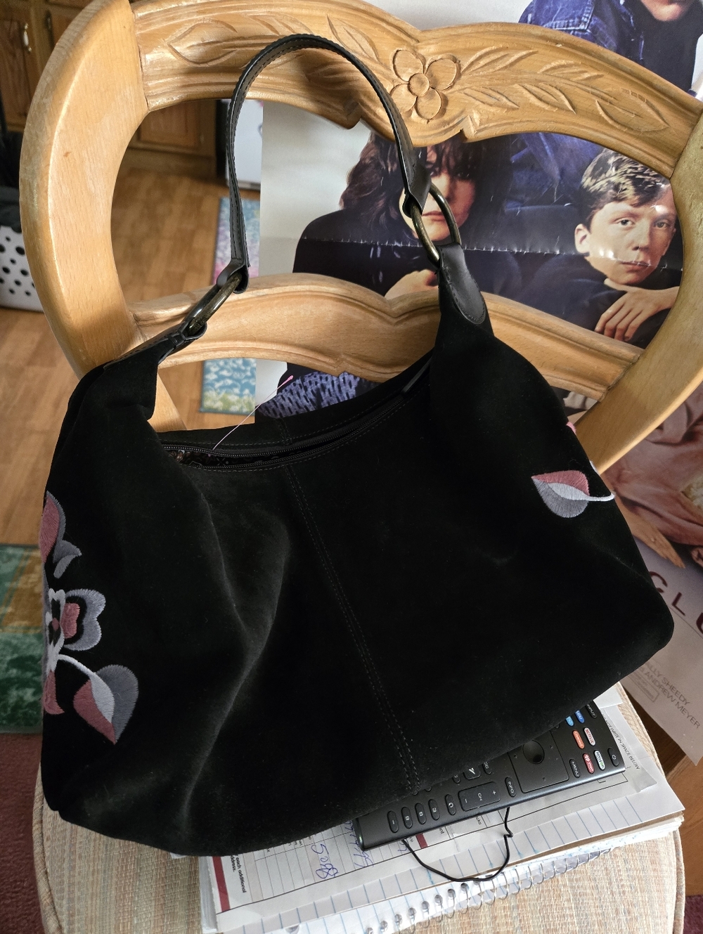 Black Suede Hobo Bag with Pink Accent